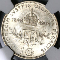 1908 NGC MS 65+ Austria 1 Corona Silver Franz Joseph 60th Coin (21071601D)