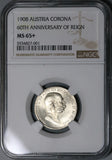 1908 NGC MS 65+ Austria 1 Corona Silver Franz Joseph 60th Coin (21071601D)