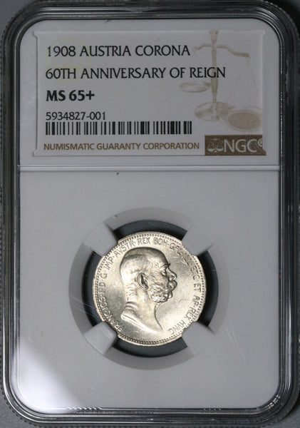 1908 NGC MS 65+ Austria 1 Corona Silver Franz Joseph 60th Coin