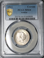 1913 PCGS MS 64 Austria 1 Corona Silver Franz Joseph Imperial Coin (21030802C)