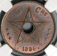 1894 NGC MS 65 Belgian Congo 5 Centimes Free State Leopold II Coin POP 1/0 (23032102C)