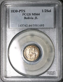 1830 PCGS MS 65 Bolivia 1/2 Sol Gem Mint State Bolivar Silver Coin (21101701D)