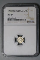 1799 NGC MS 64 Bolivia Charles IIII 1/4 Real Spain Colonial Lion Silver Coin (22021501C)