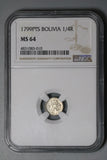 1799 NGC MS 64 Bolivia Charles IIII 1/4 Real Spain Colonial Lion Silver Coin (22021501C)