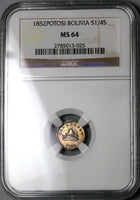 1852 NGC MS 64 Bolivia 1/4 Sol Potosi Llama Mountain Silver Coin (23031502C)