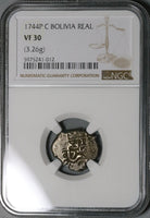 1744 NGC VF 30 Bolivia Cob 1 Real Potosi Spain Colonial Silver Coin POP 1/0 (21122502C)
