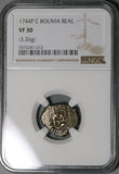1744 NGC VF 30 Bolivia Cob 1 Real Potosi Spain Colonial Silver Coin POP 1/0 (21122502C)