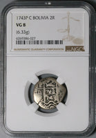 1743 NGC VG 8 Bolivia Cob 2 Reales Potosi Spain Colonial Silver Coin (21120301D)
