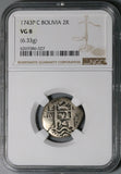 1743 NGC VG 8 Bolivia Cob 2 Reales Potosi Spain Colonial Silver Coin (21120301D)