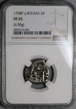 1758 NGC VF 25 Bolivia Cob 2 Reales Potosi Spain Colonial Coin POP 1/0 (22092601C)