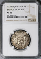 1770 NGC VF 35 Bolivia 2 Reales Rare No Dot PTS Spain Coin POP 1/0 (21021503C)