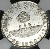 1830 NGC AU 58 Bolivia 2 Soles Alpaca Silver Coin (22120202D)