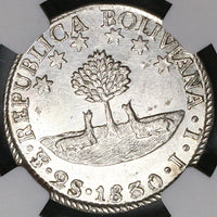 1830 NGC AU 58 Bolivia 2 Soles Alpaca Silver Coin (22120202D)