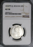 1830 NGC AU 58 Bolivia 2 Soles Alpaca Silver Coin (22120202D)