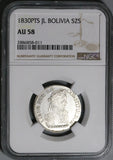 1830 NGC AU 58 Bolivia 2 Soles Alpaca Silver Coin (22120202D)