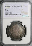 1775 NGC F 12 Bolivia 4 Reales Potosi Charles III Spain Colony Silver Pirate Coin (230221001C)