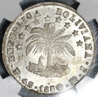 1854 NGC AU 58 Bolivia 4 Soles Alpaca Lustrous Silver Coin (20021401C)
