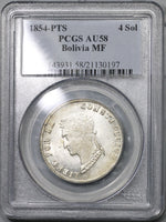 1854 PCGS AU 58 Bolivia 4 Soles Silver Palm Tree Coin (17051803D)