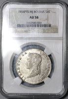 1854 NGC AU 58 Bolivia 4 Soles Alpaca Lustrous Silver Coin (20021401C)