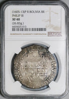 1605 NGC XF 40 Bolivia 8 Reales Cob Spain Philip III Colonial Dollar Silver Coin (22022302C)