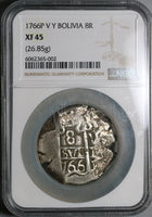 1766 NGC XF 45 Bolivia 8 Reales Cob Spain Colonial Dollar Silver Coin (21102401C)