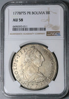1778 NGC AU 58 Bolivia Charles III 8 Reales Spain Colonial Silver Coin (23041401C)