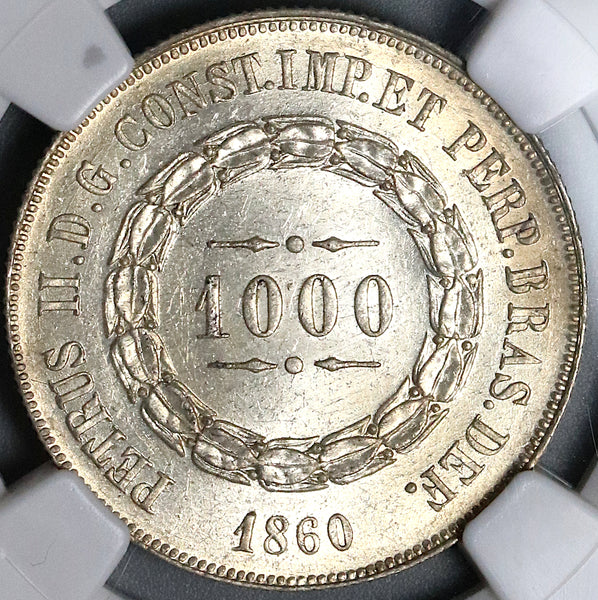 1860 NGC MS 64 Brazil 1000 Reis Silver Coin (22011802C)