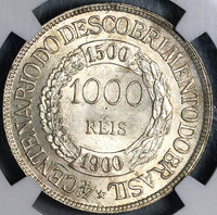 1900 NGC MS 64 Brazil 1000 Reis Discovery Commemorative Silver Coin 33K (18071401D)