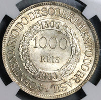1900 NGC MS 64 Brazil 1000 Reis Discovery Commemorative Silver Coin 33K (18071401D)