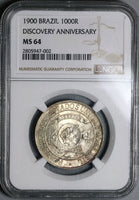 1900 NGC MS 64 Brazil 1000 Reis Discovery Commemorative Silver Coin 33K (18071401D)