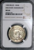 1900 NGC MS 64 Brazil 1000 Reis Discovery Commemorative Silver Coin 33K (18071401D)