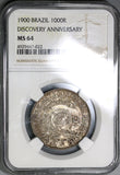 1900 NGC MS 64 Brazil 1000 Reis Discovery Commemorative Silver Coin 33K Minted (19080701C)