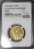 1932 NGC MS 65  Brazil 1000 Reis Colonization da Sousa 56K Coins (22030801C)