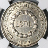 1837 NGC AU Brazil 1200 Reis Crown Silver Coin Rare 6K (23031802C)