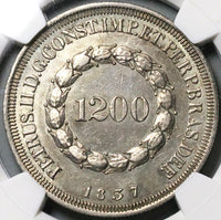 1837 NGC AU Brazil 1200 Reis Crown Silver Coin Rare 6K (23031802C)