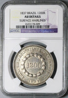 1837 NGC AU Brazil 1200 Reis Crown Silver Coin Rare 6K (23031802C)