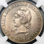 1907 NGC MS 63+ Brazil 2000 Reis Liberty Head Silver Coin (23040301C)