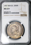 1907 NGC MS 63+ Brazil 2000 Reis Liberty Head Silver Coin (23040301C)