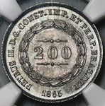 1865  NGC MS 65 Brazil 200 Reis Silver GEM Mint State Coin POP 7/1 (22013101C)