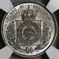 1865  NGC MS 65 Brazil 200 Reis Silver GEM Mint State Coin POP 7/1 (22013101C)