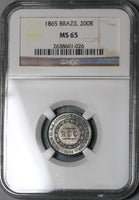1865  NGC MS 65 Brazil 200 Reis Silver GEM Mint State Coin POP 7/1 (22013101C)