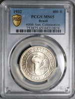 1932 PCGS MS 65  Brazil 400 Reis Colonization Commemorative Topographical Map Coins (22061002C)
