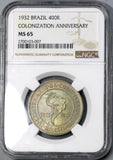 1932 NGC MS 65 Brazil Colonization 400 Reis Commemorative Coin (19031601CZ)