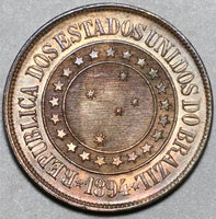 1894 Brazil 40 Reis UNC Red Brown Coin (20041601R)