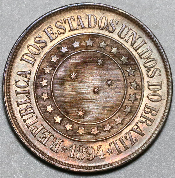 1894 Brazil 40 Reis UNC Red Brown Coin (20041601R)