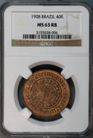 1908 NGC MS 63 Brazil 40 Reis Mint State Coin (19100802C)