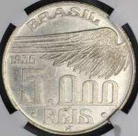1936 NGC MS 64 Brazil 5000 Reis Dumont Aviation Pioneer Silver Coin (21090701C)