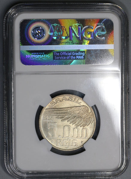 1936 NGC MS 64 Brazil 5000 Reis Dumont Aviation Pioneer Silver