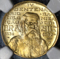 1932 NGC MS 65  Brazil 500 Reis Colonization Joao Ramalho 34K Coins (20052001C)