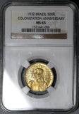 1932 NGC MS 65  Brazil 500 Reis Colonization Joao Ramalho 34K Coins (20052001C)
